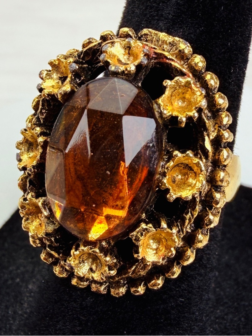Vintage goldtone, colored bling size 6 adjustable statement ring